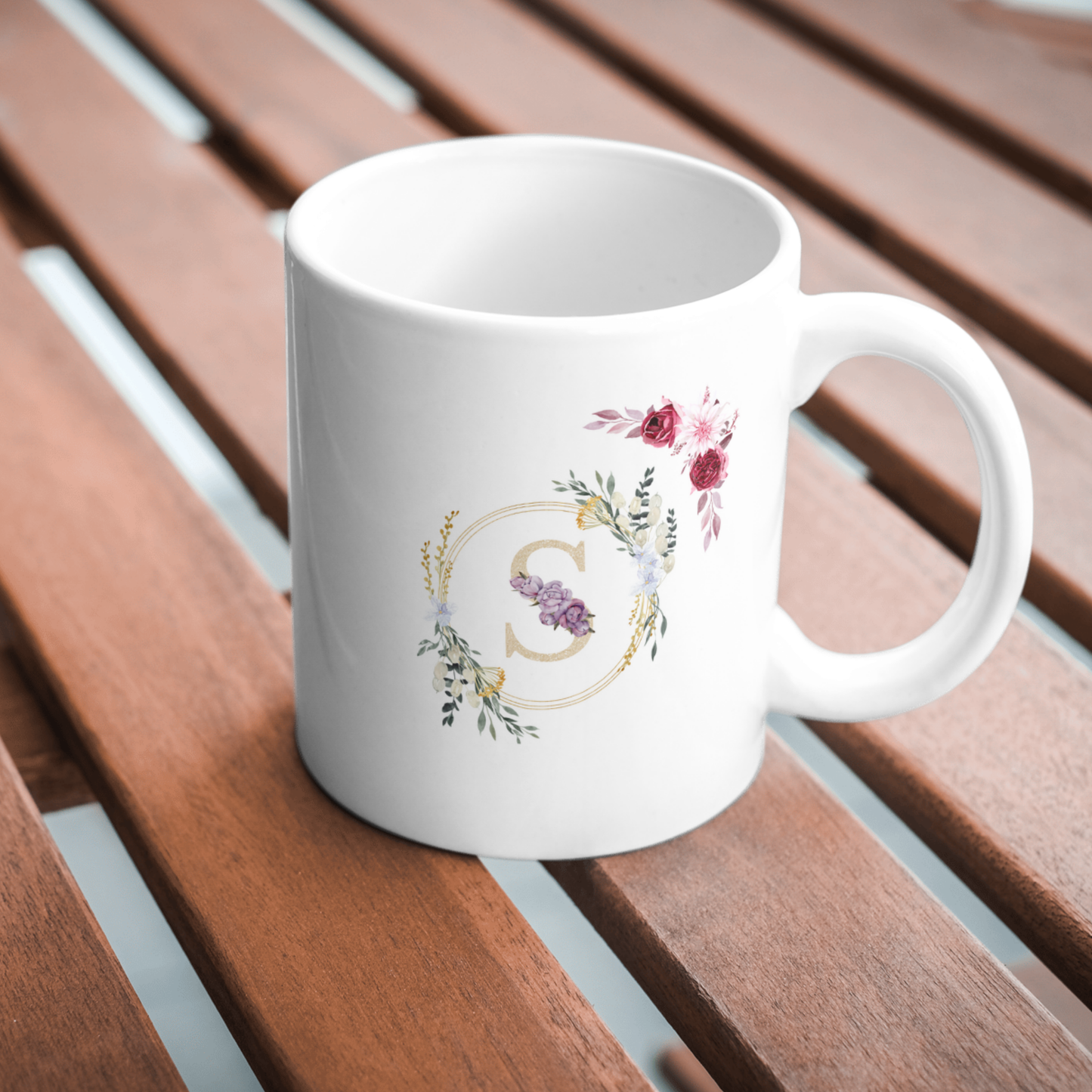 Floral Colorful Alphabet S Letter White Ceramic Coffee Mug
