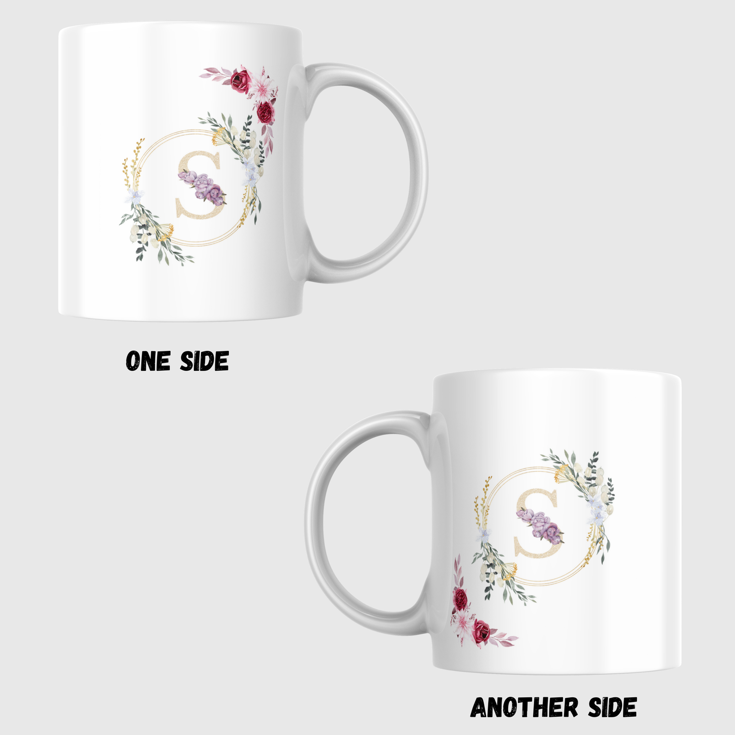 Floral Colorful Alphabet S Letter White Ceramic Coffee Mug