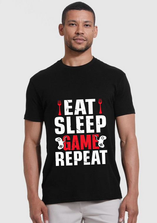 EAT SLEEP GAME REPEAT PRINTED BLACK TSHIRTS FOR MEN - Creazywolfs